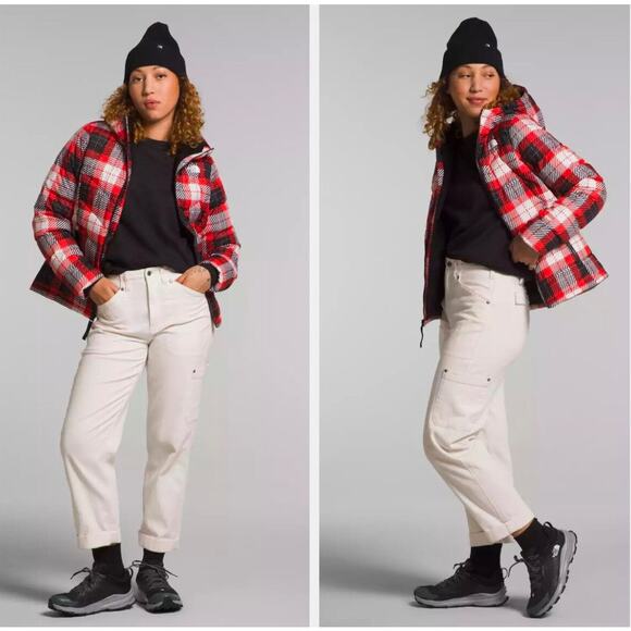 The North Face Roxborough Luxe Hooded Jacket Women's Size Small Fiery Red Plaid - Picture 1 of 12